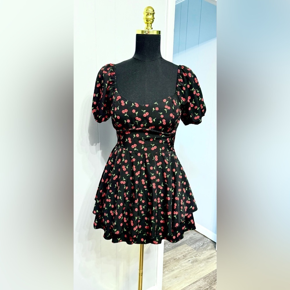 #1)  Inspired Hearts Black and Red Floral Romper with Tie Back